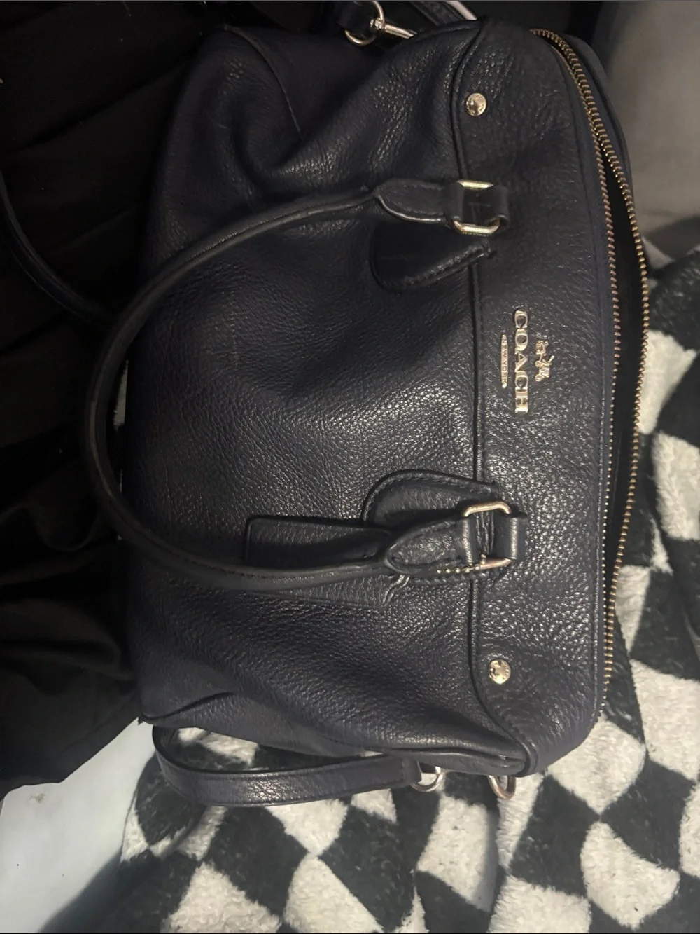 Coach Navy Pebbled Leather Satchel with Silver Hardware